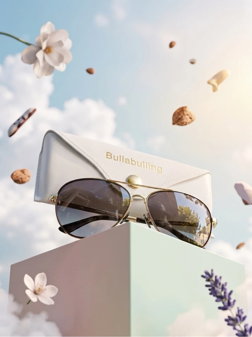 bullabulling Women's White Sunglasses Case with Gold-Accented Aviator Sunglasses